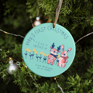 Erstes Weihnachten des Babys süße Rentiere Freunde Keramik Ornament