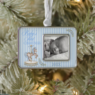Erstes Weihnachten des Babys Süßes Blaues Wasserfa Rahmen-Ornament Silber
