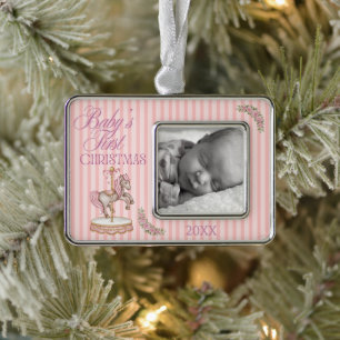 Erstes Weihnachten des Babys Süßes Rosa-Aquarell-P Rahmen-Ornament Silber