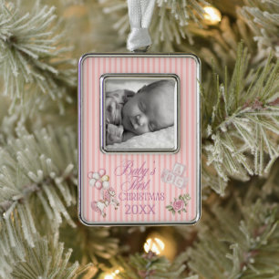 Erstes Weihnachten des Babys Süßes Wasserfarben-Pf Rahmen-Ornament Silber