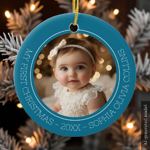 Erstes Weihnachten des Babys Teal Modern 2 Foto Ne Keramik Ornament