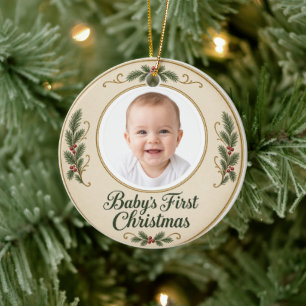 Erstes Weihnachten des Babys - Vintage-Foto-Andenk Keramik Ornament