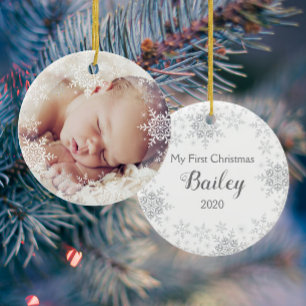 Erstes Weihnachten des Babys Weiße Silber-Schneefl Keramik Ornament