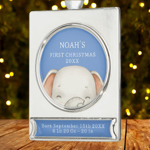 Erstes Weihnachten des Elefanten Blau Baby Junge G Banner-Ornament Silber