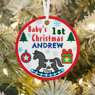 Erstes Weihnachten des Jungen FOTO Graues Pferd Ornament Aus Metall