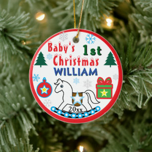 Erstes Weihnachten des Jungen FOTO Weißes Pferd Keramik Ornament