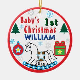 Erstes Weihnachten des Jungen FOTO Weißes Pferd Keramik Ornament
