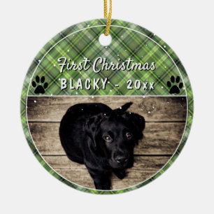 Erstes Weihnachten des Welpen Pfote Grün Kariert H Keramik Ornament