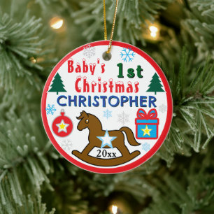 Erstes Weihnachten eines Jungen PHOTO Schaukelpfer Keramik Ornament