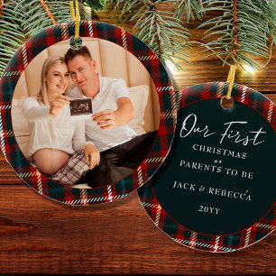 Erstes Weihnachten Eltern werden Tartan Karo Foto Keramik Ornament