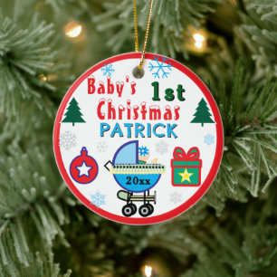 Erstes Weihnachten FOTO Junge Blau Name Keramik Ornament