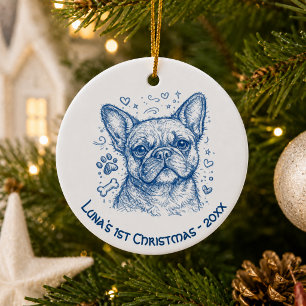 Erstes Weihnachten Französische Bulldogge blaue Li Keramik Ornament