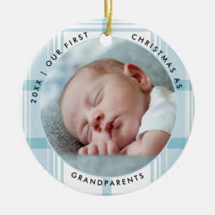 Erstes Weihnachten Großeltern Grün Blau Kariert Fo Keramik Ornament