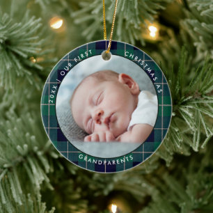 Erstes Weihnachten Großeltern Grün Blau Kariert Fo Keramik Ornament