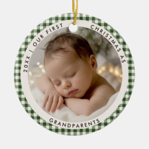 Erstes Weihnachten Großeltern Grün Gingham Foto Keramik Ornament