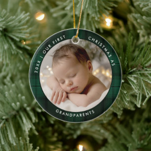 Erstes Weihnachten Großeltern Grün Kariert Foto Keramik Ornament