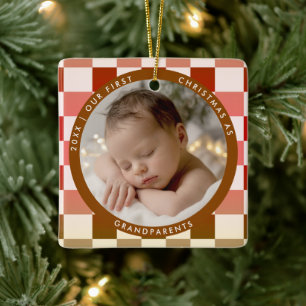 Erstes Weihnachten Großeltern Retro Kariertes Foto Keramikornament