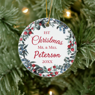 Erstes Weihnachten Herr und Frau Beeren Kranz Keramik Ornament