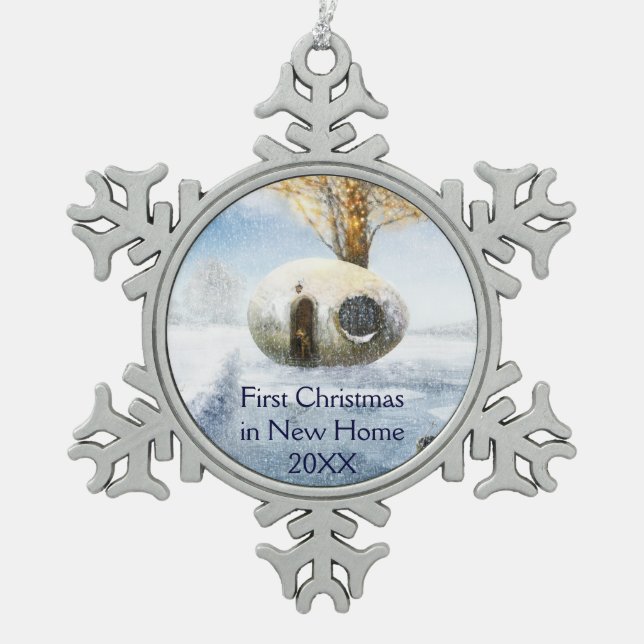 Erstes Weihnachten im neuen feenhaften Ei-Haus des Schneeflocken Zinn-Ornament (Vorderseite)