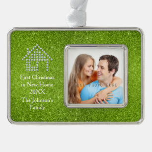 Erstes Weihnachten im neuen grünen Glitzer des Rahmen-Ornament Silber