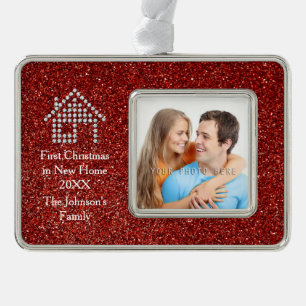 Erstes Weihnachten im neuen roten Foto des Rahmen-Ornament Silber