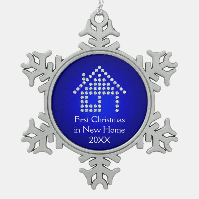 Erstes Weihnachten im neuen Zuhause Schneeflocken Zinn-Ornament (Vorderseite)