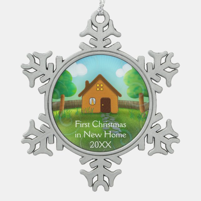 Erstes Weihnachten im neuen Zuhause Schneeflocken Zinn-Ornament (Vorderseite)