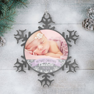 Erstes Weihnachten Lavendel Lila Baby Mädchen Foto Schneeflocken Zinn-Ornament