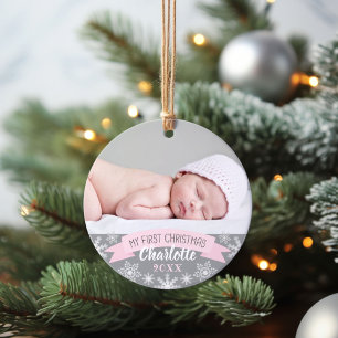 Erstes Weihnachten Licht Rosa Baby Mädchen Foto Ornament