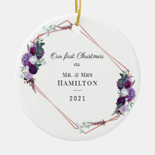 Erstes Weihnachten Lila Blumengeometrischer Rahmen Keramik Ornament