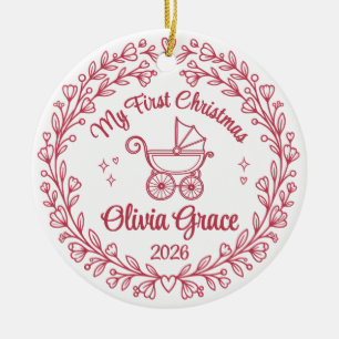 Erstes Weihnachten Mädchen Name & Jahr Floral Keramik Ornament