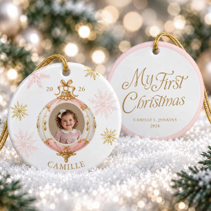 Erstes Weihnachten Mädchen Rosa Schneeflocken-Foto Keramik Ornament