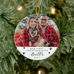 Erstes Weihnachten mit Hundename und Foto Keramik Ornament