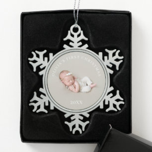 Erstes Weihnachten Neugeborenes Foto Baby Name And Schneeflocken Zinn-Ornament