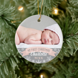 Erstes Weihnachten Rosafarbenes Baby-Mädchen-Foto Keramik Ornament