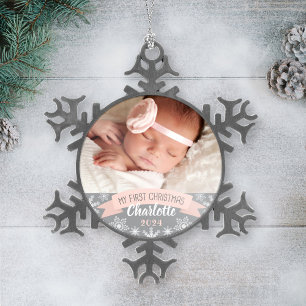Erstes Weihnachten Rosafarbenes Baby-Mädchen-Foto Schneeflocken Zinn-Ornament