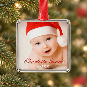 Erstes Weihnachten Rot Schriftzug Baby-Foto Silbernes Ornament