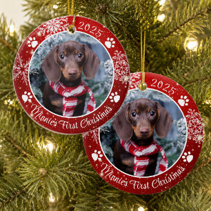 Erstes Weihnachten Schneeflocke Foto Rot Weiß Hund Keramik Ornament