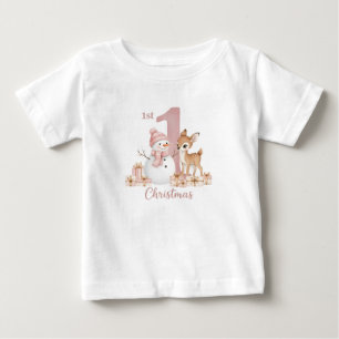 Erstes Weihnachten Schneemann Reh Mädchen Baby T-shirt