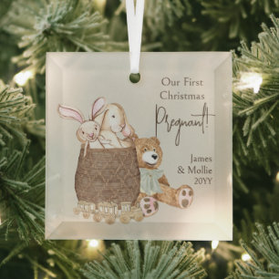 Erstes Weihnachten Schwangerer Teddybär und Spielz Ornament Aus Glas