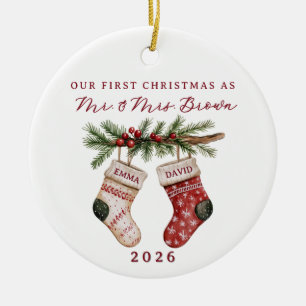 Erstes Weihnachten Verheiratet Aquarell Strümpfe Keramik Ornament