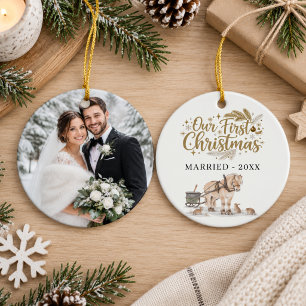 Erstes Weihnachten Verheiratet Foto Winter Pferd Keramik Ornament