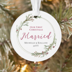 Erstes Weihnachten Verheiratet Minimales Kranz-Fot Ornament