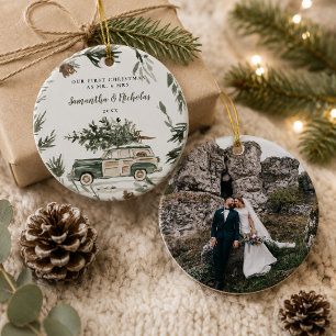 Erstes Weihnachten Verheiratet Wasserfarben Foto Keramik Ornament