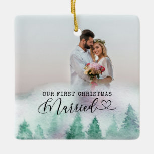Erstes Weihnachten Verheiratet Winterwald 2 Foto Keramikornament
