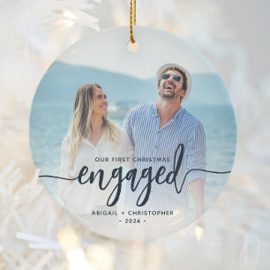 Erstes Weihnachten verlobt Foto Navy Blau Schrift Keramik Ornament