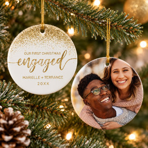Erstes Weihnachten verlobt Gold Glitter Schrift Fo Ornament