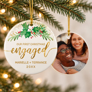 Erstes Weihnachten verlobt Gold Schriftzug Stechpa Keramik Ornament