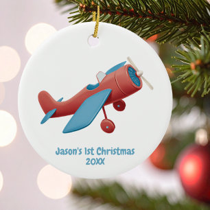 Erstes Weihnachten Vintage-Flugzeug Rot Blau Pilot Keramik Ornament