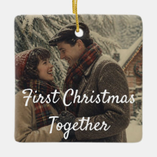 Erstes Weihnachten Zusammen Paar Foto Kardinalsrot Keramikornament